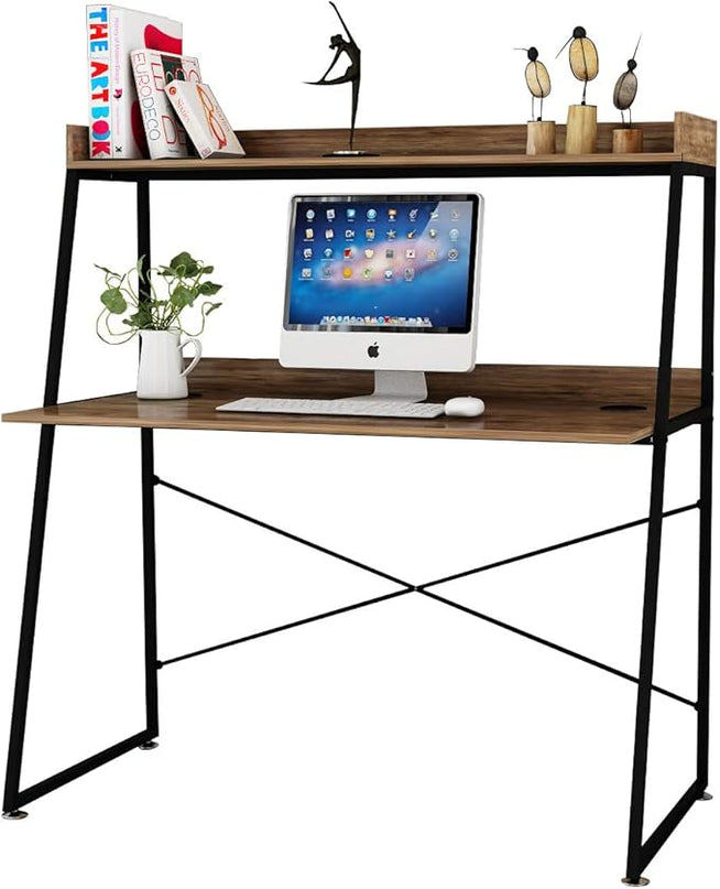DESIGNA 48 Inch Ladder Desk with Storage Shelves, 2-Tier Home Office Students Study Writing PC Computer Gaming Table with Bookshelf Modern Workstation for Small Space Saving, Metal Frame, Rustic Brown - LeafyLoom