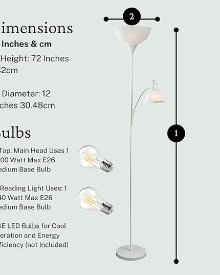 LIGHTACCENTS White Floor Lamp with Opal White Cone Shade – Standing Lamps, Torch Floor Lamps for Living Room, Bedroom – Torchiere, Pole, Super Bright, Corner Lamp (White Finish) - LeafyLoom