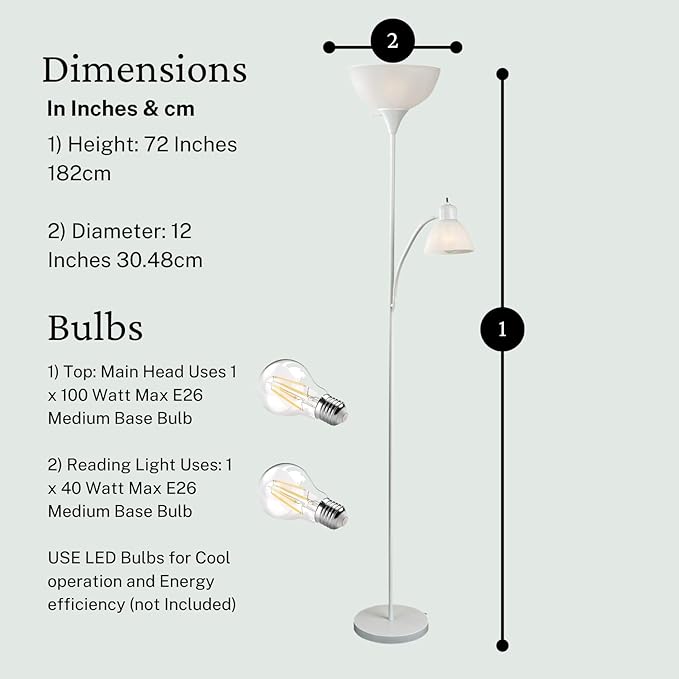 LIGHTACCENTS White Floor Lamp with Opal White Cone Shade – Standing Lamps, Torch Floor Lamps for Living Room, Bedroom – Torchiere, Pole, Super Bright, Corner Lamp (White Finish) - LeafyLoom