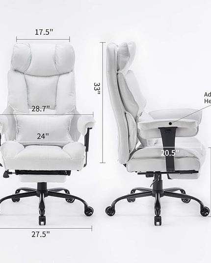 Fabric Office Chair, Big and Tall Office Chair 400 lb Weight Capacity, High Back Executive Office Chair with Foot Rest, Ergonomic Office Chair for Back Pain Relief, White - LeafyLoom
