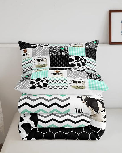 Cute Cow Print Comforter Set King Size Kawaii Highland Cow Bedding Set Bedroom Decor Honeycomb Plaid Pattern Geometric Stripes Down Comforter Cartoon Farm Animals Duvet Set, Green Black Grey - LeafyLoom