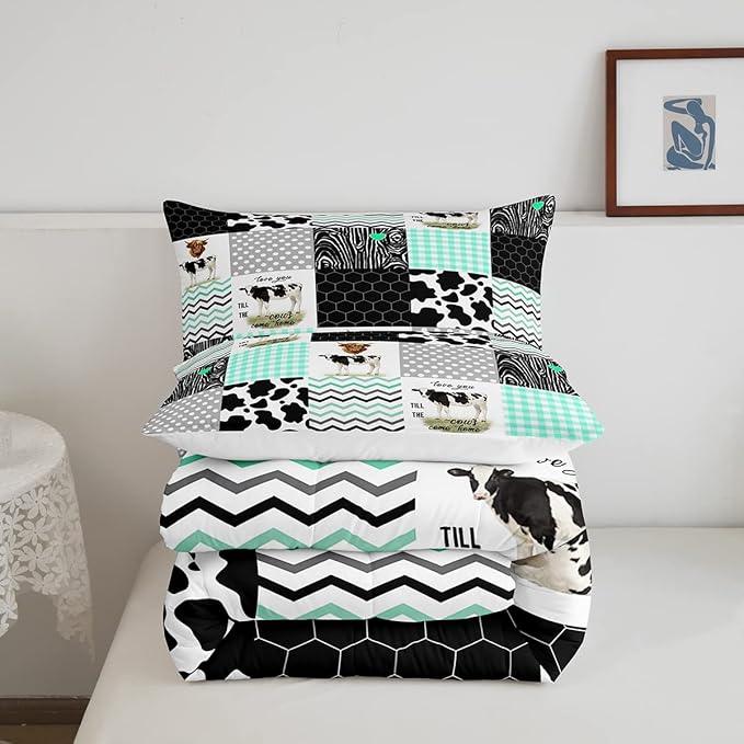 Cute Cow Print Comforter Set Twin Size Kawaii Highland Cow Bedding Set Bedroom Decor Honeycomb Plaid Pattern Geometric Stripes Down Comforter Cartoon Farm Animals Duvet Set, Green Black Grey - LeafyLoom