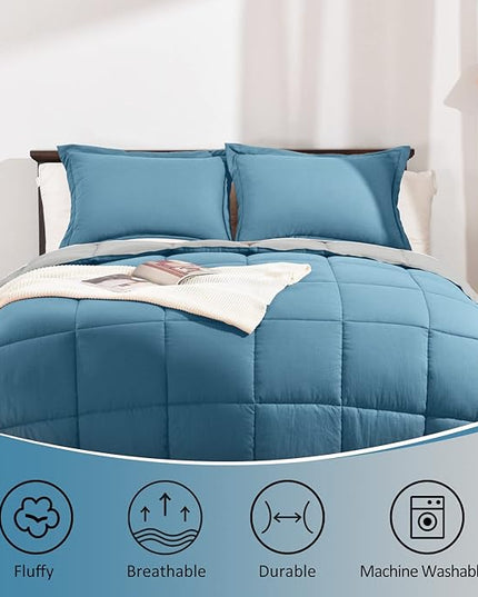 Basic Beyond Queen Comforter Set - Fluffy Comforter Queen Set for All Seasons - Reversible Blue Comforter Set Queen for Mens - 3 Pieces (1 Comforter + 2 Pillow Shams) - Blue/Grey - LeafyLoom