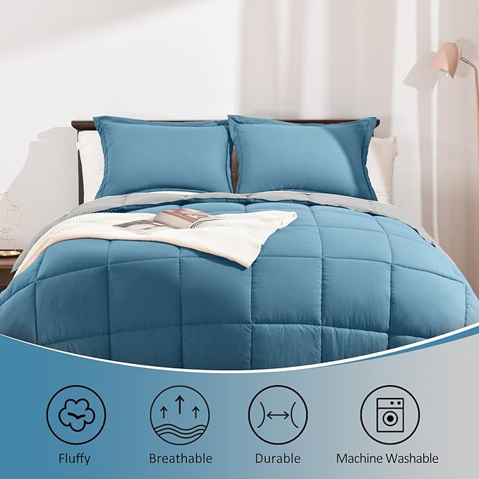 Basic Beyond Queen Comforter Set - Fluffy Comforter Queen Set for All Seasons - Reversible Blue Comforter Set Queen for Mens - 3 Pieces (1 Comforter + 2 Pillow Shams) - Blue/Grey - LeafyLoom