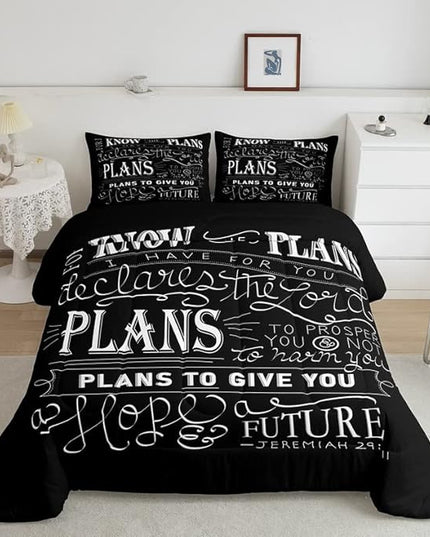 Feelyou Kids Vintage Bible Verse Comforter Set Christian Bible Verse Jeremiah Comforter Set for Boys Children Teens Bedroom Decor Modern Comforter Black Duvet Set King Size with 2 Pillow Case - LeafyLoom