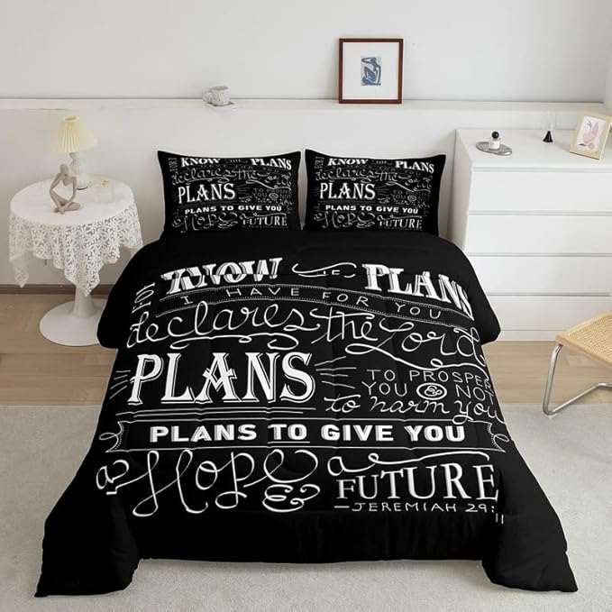 Feelyou Kids Vintage Bible Verse Comforter Set Christian Bible Verse Jeremiah Comforter Set for Boys Children Teens Bedroom Decor Modern Comforter Black Duvet Set King Size with 2 Pillow Case - LeafyLoom