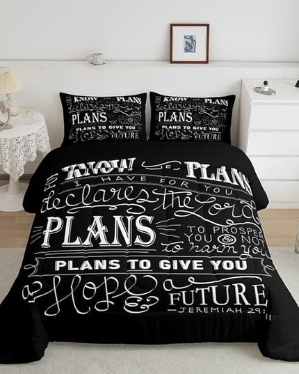 Feelyou Kids Vintage Bible Verse Comforter Set Christian Bible Verse Jeremiah Comforter Set for Boys Children Teens Bedroom Decor Modern Comforter Black Duvet Set Queen Size with 2 Pillow Case - LeafyLoom