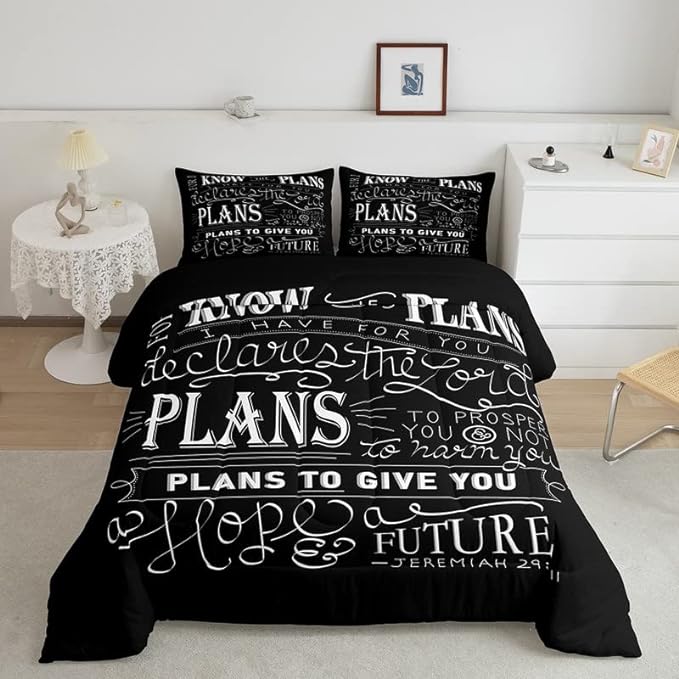 Feelyou Kids Vintage Bible Verse Comforter Set Christian Bible Verse Jeremiah Comforter Set for Boys Children Teens Bedroom Decor Modern Comforter Black Duvet Set Queen Size with 2 Pillow Case - LeafyLoom