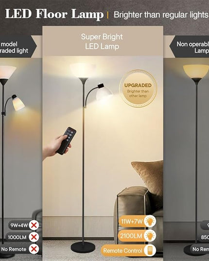 Led Floor Lamp, Super Bright 11W+7W 2100LM Torchiere Floor Lamps for Living Room, Stepless Adjustable 3000K-6000K Temperatures with Remote Control for Bedroom - LeafyLoom