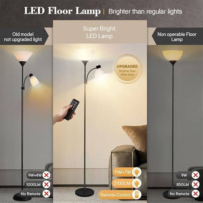 Led Floor Lamp, Super Bright 11W+7W 2100LM Torchiere Floor Lamps for Living Room, Stepless Adjustable 3000K-6000K Temperatures with Remote Control for Bedroom - LeafyLoom