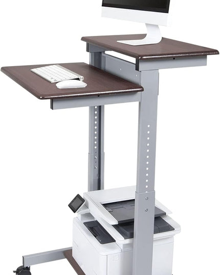 Stand Up Desk Store Rolling Adjustable Height Two Tier Standing Desk Computer Workstation (Silver Frame/Dark Walnut Top, 24" Wide) - LeafyLoom