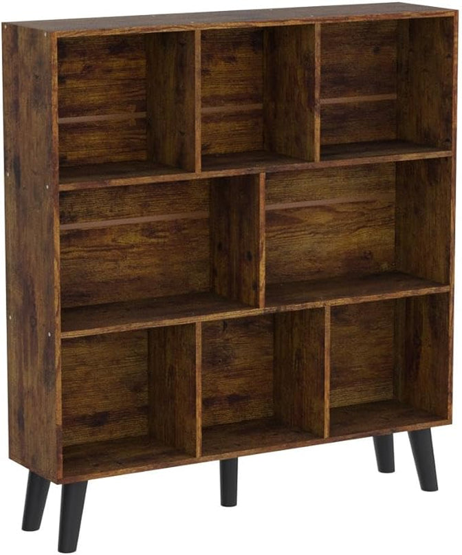 LEYAOYAO 8 Cube Bookshelf,3 Tier Bookcase with Legs,Rustic Brown Mid-Century Modern Bookshelves,Large Open Storage Organizer Shelf, Wooden Book Case - LeafyLoom