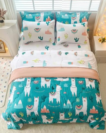 Wajade Kids Llama Comforter Set Bed in A Bag Twin Size 7 Piece Cute Alpaca Tropical Plant Cactus Bedding Set for Girls Boys (1 Comforter, 1 Flat Sheet, 1 Fitted Sheet, 2 Pillowcase and 2 Pillow Sham) - LeafyLoom