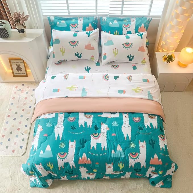 Wajade Kids Cute Llama Comforter Set Bed in A Bag Full Size 7 Piece Green Alpaca Tropical Plant Bedding Set for Girls Boys (1 Comforter, 1 Flat Sheet, 1 Fitted Sheet, 2 Pillowcase and 2 Pillow Sham) - LeafyLoom