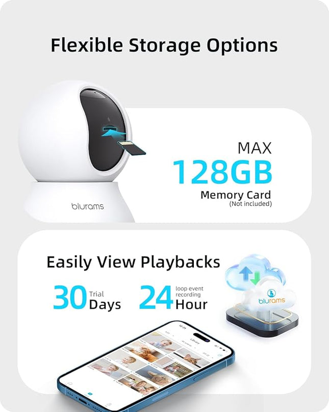 blurams Indoor Camera 2K, Cameras for Home Security 5GHz, 360° Pet Camera w/Motion Tracking, Phone App, 2-Way Audio, IR Night Vision, Siren, Works with Alexa & Google Assistant Blurams