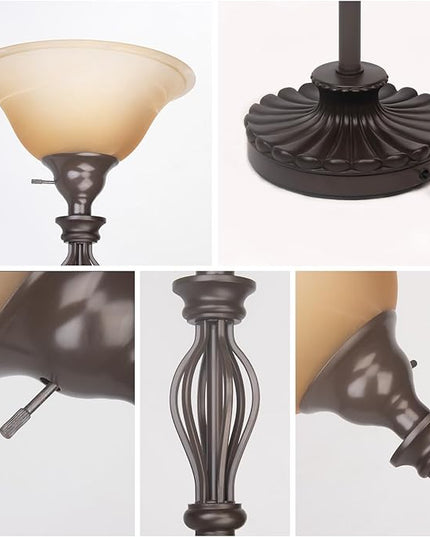Torchiere Floor Lamps for Living Room & Bedroom – Stand Up Lamp with Corner Floor Lamp Design – Traditional Iron Scroll 70" Tall Alabaster Glass Bowl Shade (Brown) - LeafyLoom