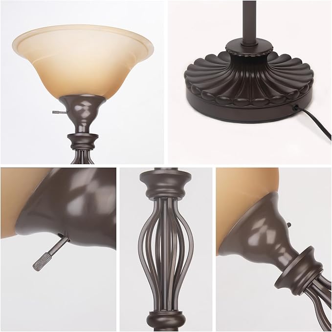 Torchiere Floor Lamps for Living Room & Bedroom – Stand Up Lamp with Corner Floor Lamp Design – Traditional Iron Scroll 70" Tall Alabaster Glass Bowl Shade (Brown) - LeafyLoom