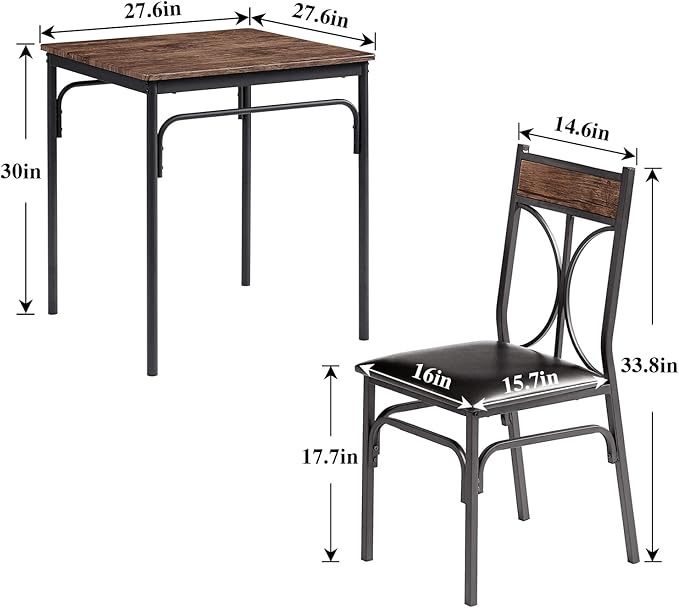 VECELO Kitchen Dining Room Table 2 Chairs for Small Space, Apartment,Metal Steel Frame, 3-Piece Set, Brown - LeafyLoom