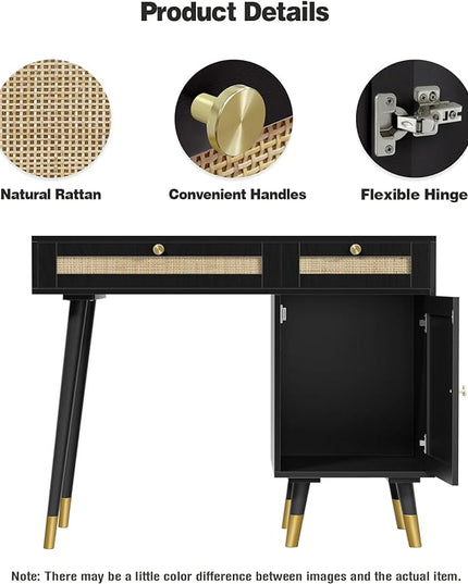 Anmytek Rattan Vanity Desk with Drawers and Storage, Black Makeup Vanity Table Modern Home Office Desk Computer Desk for Study D0005 - LeafyLoom