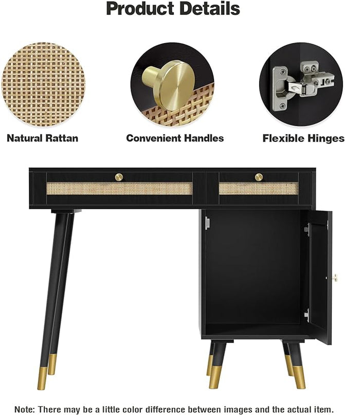 Anmytek Rattan Vanity Desk with Drawers and Storage, Black Makeup Vanity Table Modern Home Office Desk Computer Desk for Study D0005 - LeafyLoom