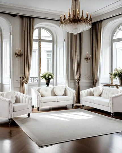 Velvet Modern Living Room Couch 3 Piece with Scroll Arms and Nailhead, includes 2 Love-seat Chair & Armchair, Sofa and Loveseat Set Grey - LeafyLoom