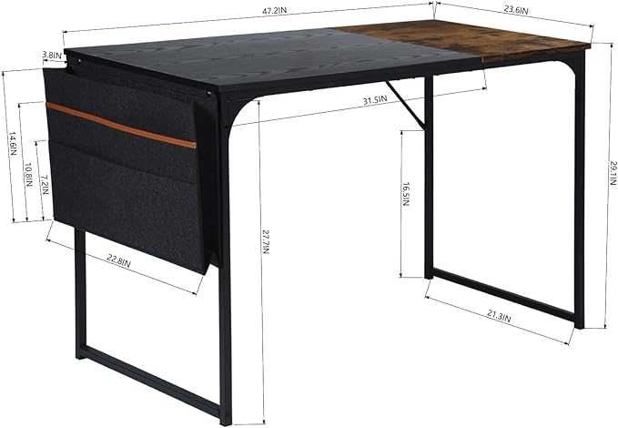 47 inch Study Storage Bag Space Saving for Home Office, Modern Simple Style PC Metal Frame Computer Desk, Writing Table, Black, Brown - LeafyLoom