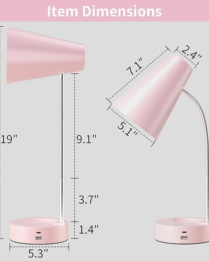 RUNTOP Pink Desk Lamp, Desk Lamps for Home Office, Desk Light for Kids, Desktop/Computer Study Lamps, Bedrooms Adjustable Gooseneck Reading Lamp with USB Port, 5 Brightness Levels, 5 Color Temperature - LeafyLoom