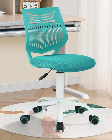 FurnitureR Desk Chair Armless Home Office Task Chair with Mesh Padded Cushion Swivel Study Chair with Rolling Wheels for Kids Teens Children, Turquoise - LeafyLoom
