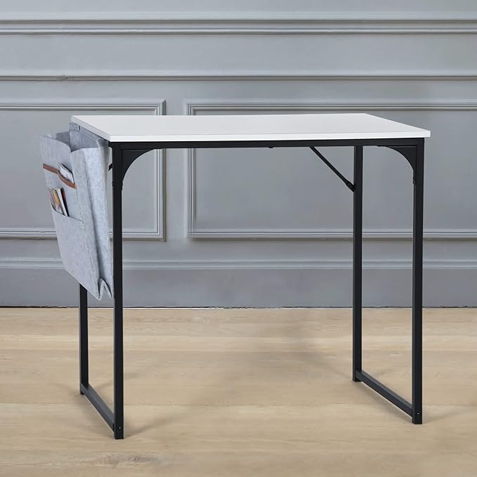 FurnitureR 31.5 inch Small Study Writing Table with Storage Bag Space Saving for Home Office, Modern PC Metal Frame Computer Desk, White - LeafyLoom