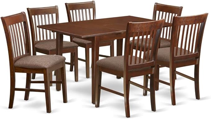 East West Furniture NOFK7-MAH-C 7 Piece Modern Dining Set Consist of a Rectangle Wooden Table with Butterfly Leaf and 6 Linen Fabric Upholstered Chairs, 32x54 Inch - LeafyLoom
