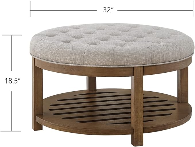 24KF Large Round Upholstered Tufted Linen Ottoman Coffee Table, Large Footrest Ottoman with Wood Shelf Storage-Iinen - LeafyLoom