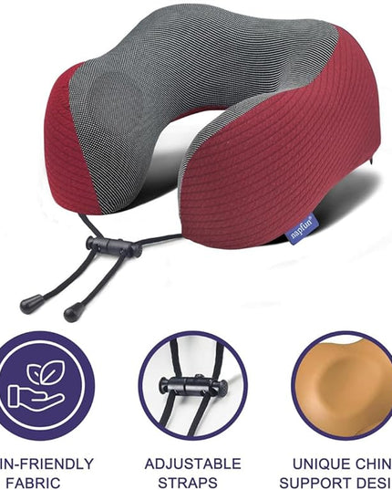 napfun Neck Pillow for Traveling, Upgraded Travel Neck Pillow for Airplane 100% Pure Memory Foam Travel Pillow for Flight Headrest Sleep, Portable Plane Accessories, Wine-Red Set, Medium (120-200LB) - LeafyLoom