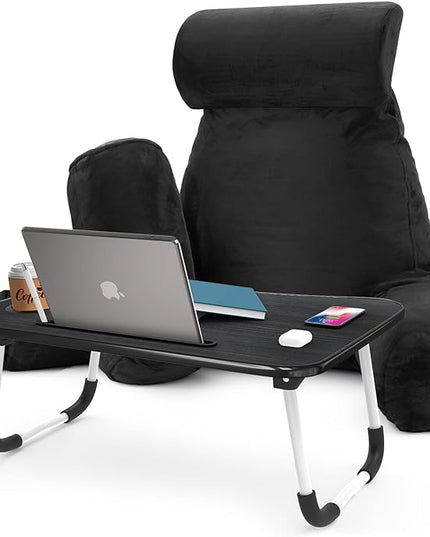 Nestl Reading Pillow with Portable Laptop Lap Desk, Velvet Feel Back Pillow for Sitting in Bed, Shredded Memory Foam Back Support Pillow for Bed, Bed Rest Pillow with Arms, Large - Black - LeafyLoom