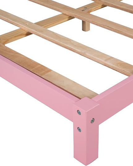 Jintop Full Size Wood Platform Chimney and House-Shaped Headboard,Bedroom Furniture Bed Frame W/ 10 Slat Support,Easy to Install,for Teens Kids Girls Boys,Pink - LeafyLoom