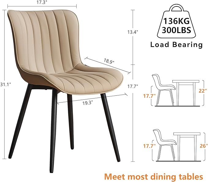 YOUNUOKE Khaki Dining Chairs Set of 2 Upholstered Mid Century Modern Kitchen Chairs Armless Faux Leather Side Chair with Padded Back Metal Legs for Living Room Bedrooms - LeafyLoom