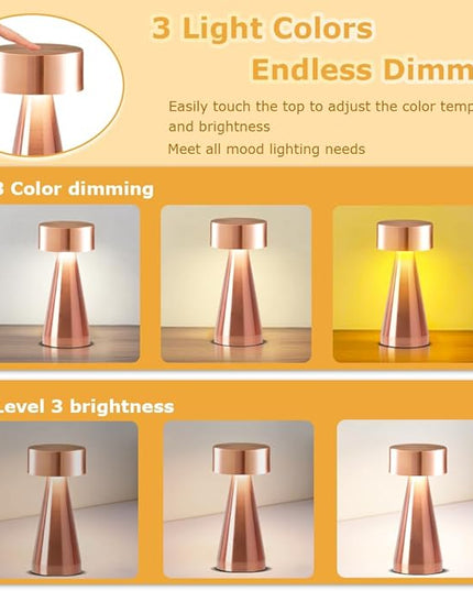 Portable Metal Desk Lamp,3-Color Touch Control, Rechargeable Battery - Ideal Bedside Lamp for Bedroom Nightstand (Rose Gold) - LeafyLoom