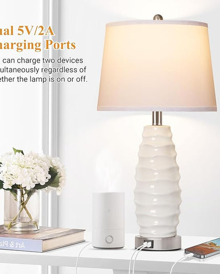 QiMH White Table Lamp Set of 2, 26" Farmhouse Bedside Lamps for Bedroom with USB Port, Modern Ceramic Lamp with White Shade Nightstand Living Room Decor, LED Bulb Included - LeafyLoom