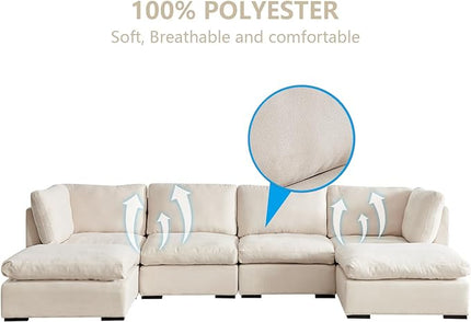 U Shaped Down Filled Oversized Cloud Couch with Double Chaise, Deep Seat Free Combination Convertible Corner Sectional Sofa Bed with Detachable Backrest and Wooden Legs for Living Room Office - LeafyLoom