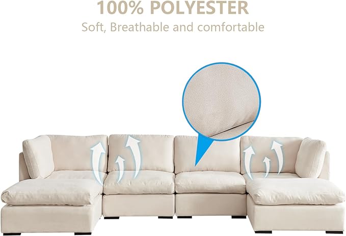 U Shaped Down Filled Oversized Cloud Couch with Double Chaise, Deep Seat Free Combination Convertible Corner Sectional Sofa Bed with Detachable Backrest and Wooden Legs for Living Room Office - LeafyLoom