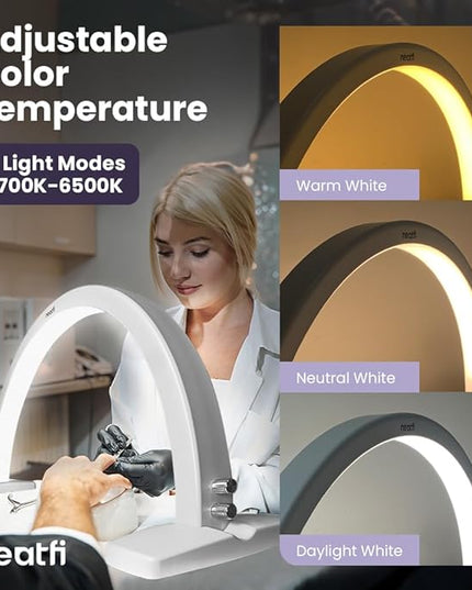 Neatfi Half Moon LED Table Lamp for Estheticians, Nail Tech, and Cosmetician, 1600 Lumens, Dimmable, 3 Light Modes, 40W, 2700K-5600K, Nail Art, Facial, Waxing, Threading, Tattoo (Modern, White) - LeafyLoom