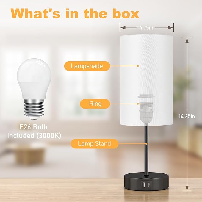 AKASUKI Table Lamp for Bedroom, 3 Way Dimmable Touch Lamp with Dual Charging Station, Small Bedside Lamps for Night Stands, Living Room, Office(LED Bulb Included) - LeafyLoom