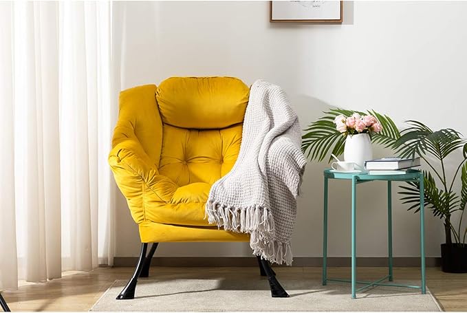 HollyHOME Modern Fabric Large Lazy Chair, Accent Oversized Comfy Reading Chair, Thick Padded Cozy Lounge Chair with Armrest, Steel Frame Leisure Sofa Chair for Living Room, Bedroom, Dorm, Yellow - LeafyLoom