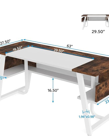 Tribesigns Office Executive Desk, 63 inch Large Computer Desk Writing Desk with Storage Shelf, Modern Simple Workstation Business Furniture for Home Office, White Rustic Brown - LeafyLoom