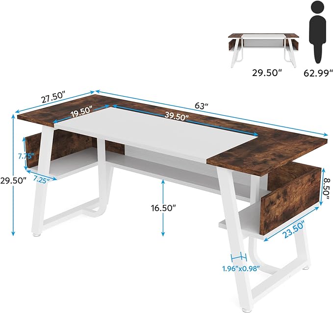 Tribesigns Office Executive Desk, 63 inch Large Computer Desk Writing Desk with Storage Shelf, Modern Simple Workstation Business Furniture for Home Office, White Rustic Brown - LeafyLoom
