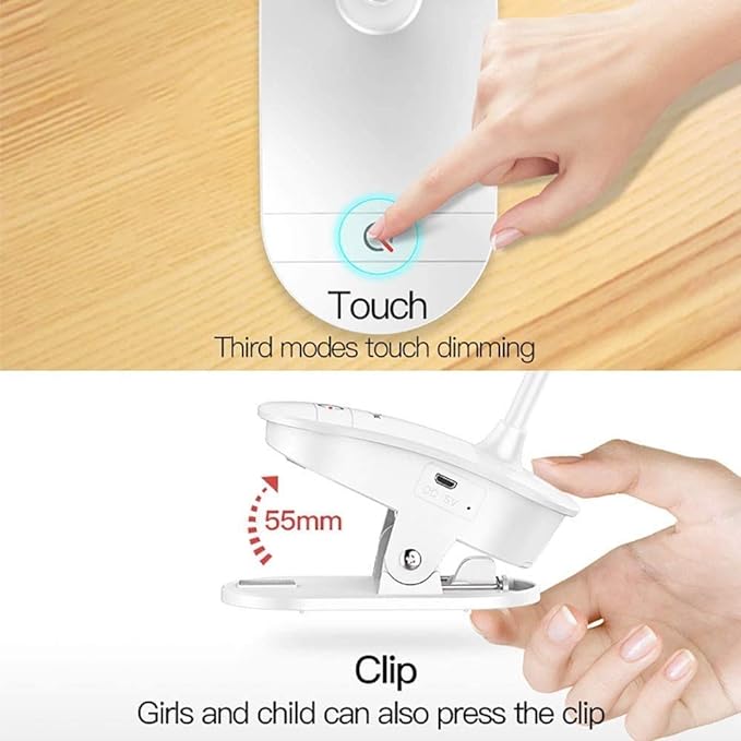 Clip on Lamp,Battery Powered Reading Lamp,Clip on Light for Bed Clip on Battery Light with 3 Brightness Level,USB Rechargeable, Reading Lamp - LeafyLoom