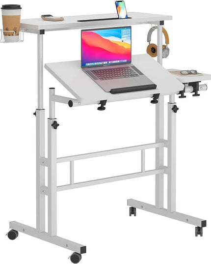 SDHYL 31.5 inches Movable Laptop Desk with Mouse Board Adjustable Height and Angle Anti-Slip Workstation Home Office Desk with Tablet Slot Portable Student Desk, White with Hook - LeafyLoom