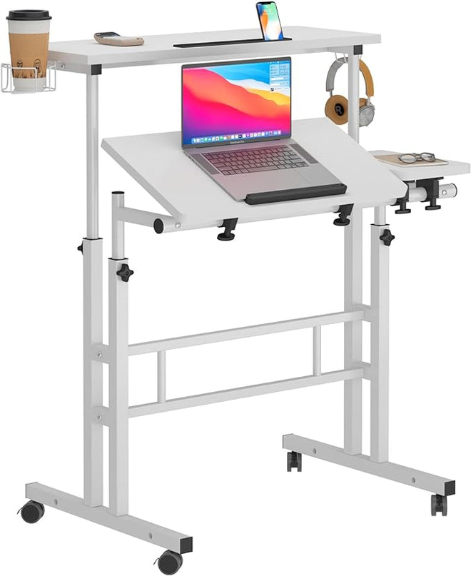 SDHYL 31.5 inches Movable Laptop Desk with Mouse Board Adjustable Height and Angle Anti-Slip Workstation Home Office Desk with Tablet Slot Portable Student Desk, White with Hook - LeafyLoom
