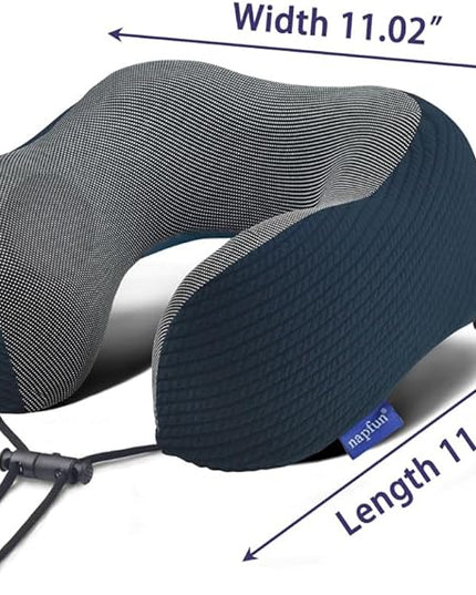 napfun Neck Pillow for Traveling, Upgraded Travel Neck Pillow for Airplane 100% Pure Memory Foam Travel Pillow for Flight Headrest Sleep, Portable Plane Accessories, Deep Blue Set, Medium (120-200LB) - LeafyLoom