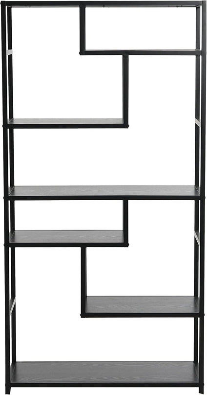 Household Essentials Black Oak Geometric Tall Open Book Shelf | Mid Century Modern Shelves - LeafyLoom