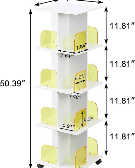 VECELO Rotating Bookshelf with Brake Wheels, 360°Display 4 Tier Floor Stackable Spinning-Bookshelf Tower for Kids&Adults, Revolving Bookcase for Small Space,Corner(White) - LeafyLoom